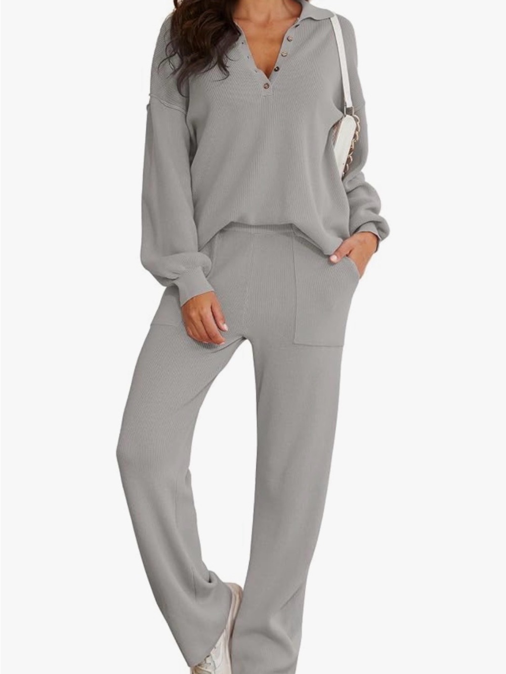 Grey Ribbed Knit Lounge Set - Women's Cozy Two-Piece